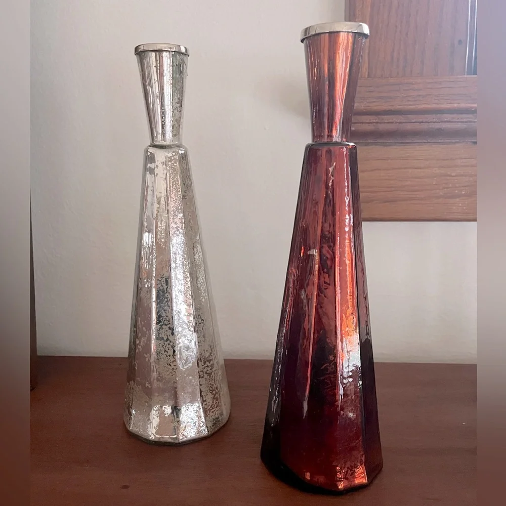 Set of 2 West Elm Silver & Amber Mercury Glass Candlestick Holders MCM